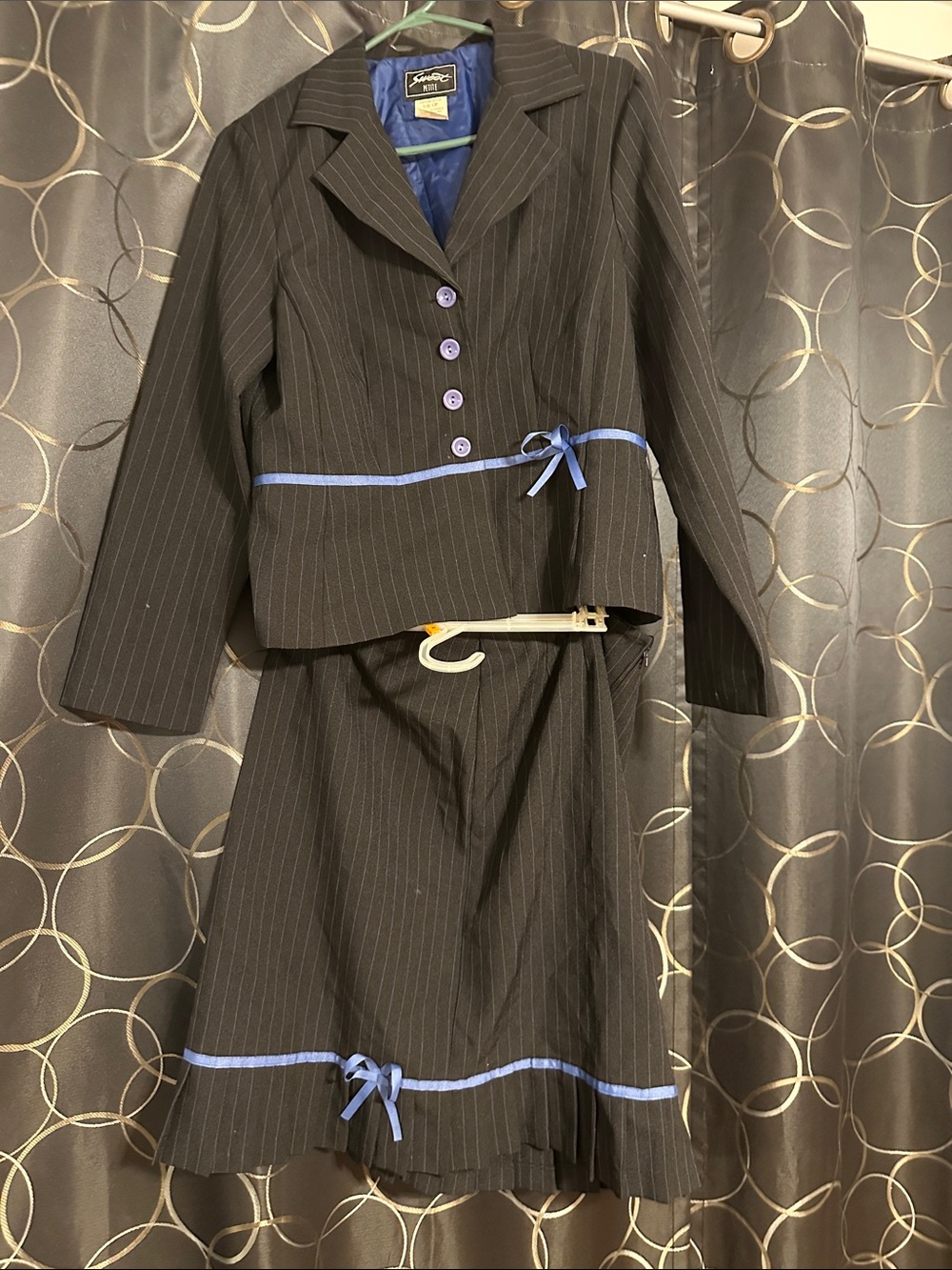 Pinstripe Two-Piece Formal Jacket and Skirt Set with Blue Trim